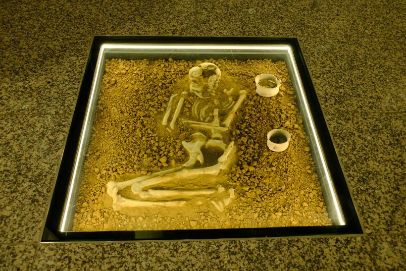<p>Foto des ‚Glockenbechergrabes‘ (ca. 2300 v.Chr., verkleinerte Replik) in der archäologischen Dauerausstellung ‚Unterirdisch!‘. Foto: SP/Stadthaus </p>
