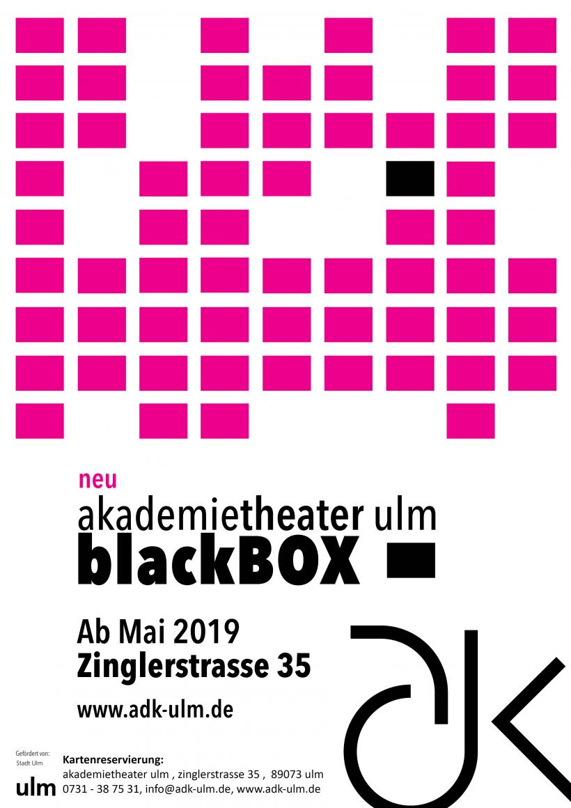 <p>adk-ulm, akademietheater ulm blackBOX ab Mai 19 in der Zinglerstrasse 35 in Ulm</p>
